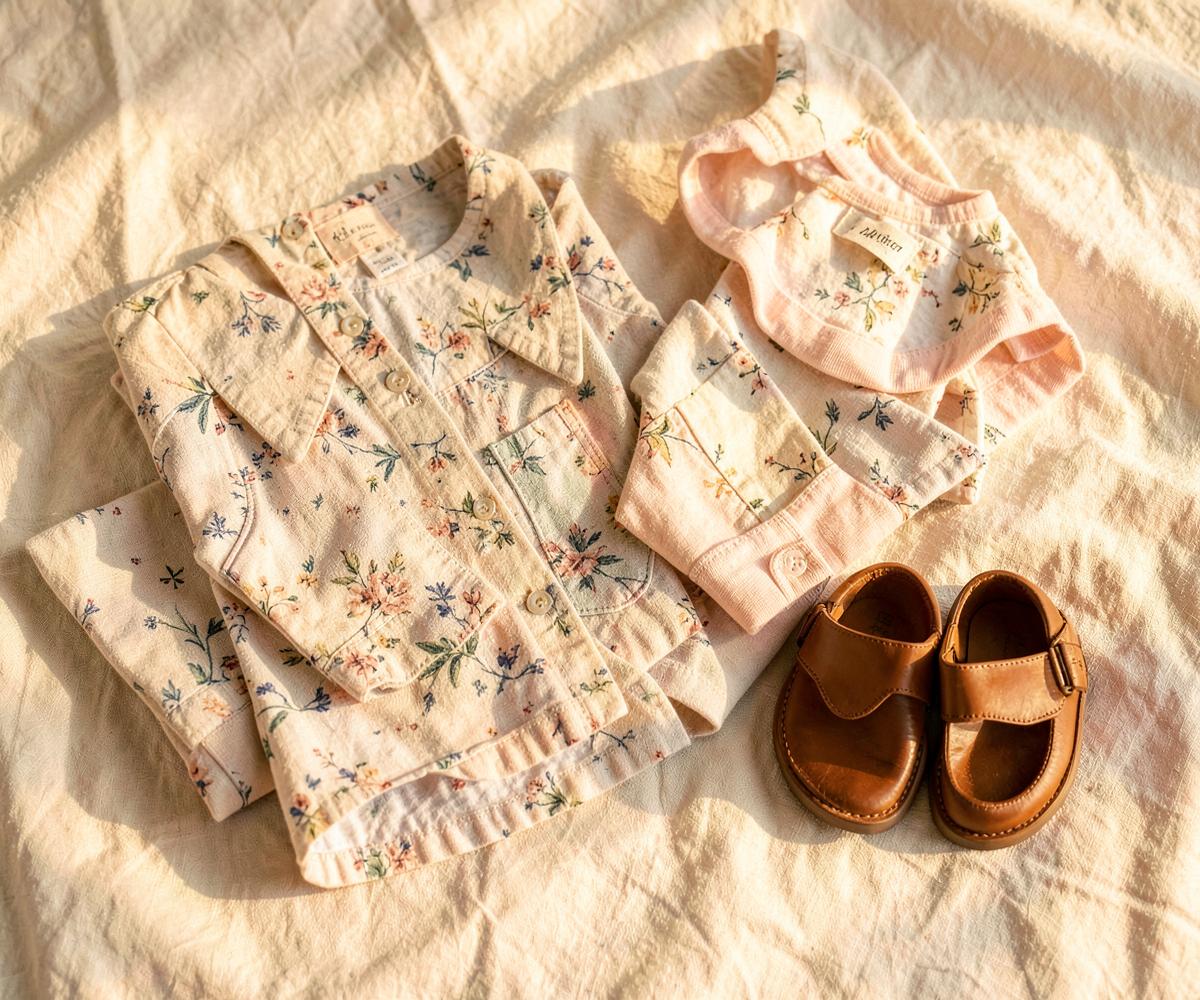 Zorgvuldig geplooide tweedehands kinderkleding en leren schoentjes op linnen